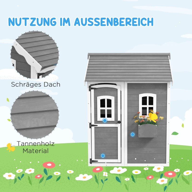 Outsunny Speelhuis voor kinderen, huis voor binnen en buiten met deur, ramen en plantenbak, dennenhout, grijs