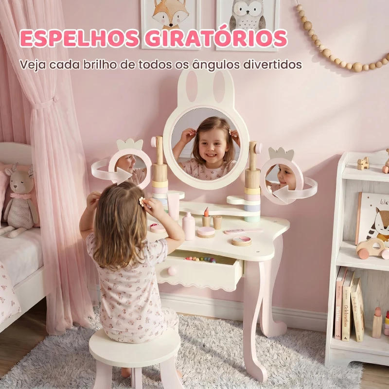 AIYAPLAY Penteadeira Infantil de Maquilhagem com Banco, Espelhos Giratórios, Gaveta e Acessórios e Bandejas, Rosa, +3 Anos