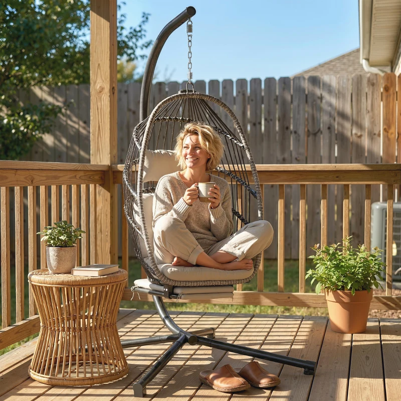 Outsunny Fauteuil suspendu avec support, chaise suspendue pliante avec repose-pieds rétractable, gris clair