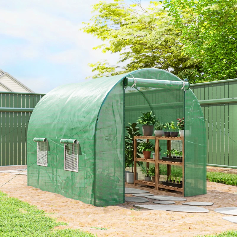Outsunny Serre de Jardin Tunnel 5 m² 2,5L x 2l x 2H m Acier renforcé Ø 1,8 cm + PE Haute densité 140 g/m² fenêtres Vert