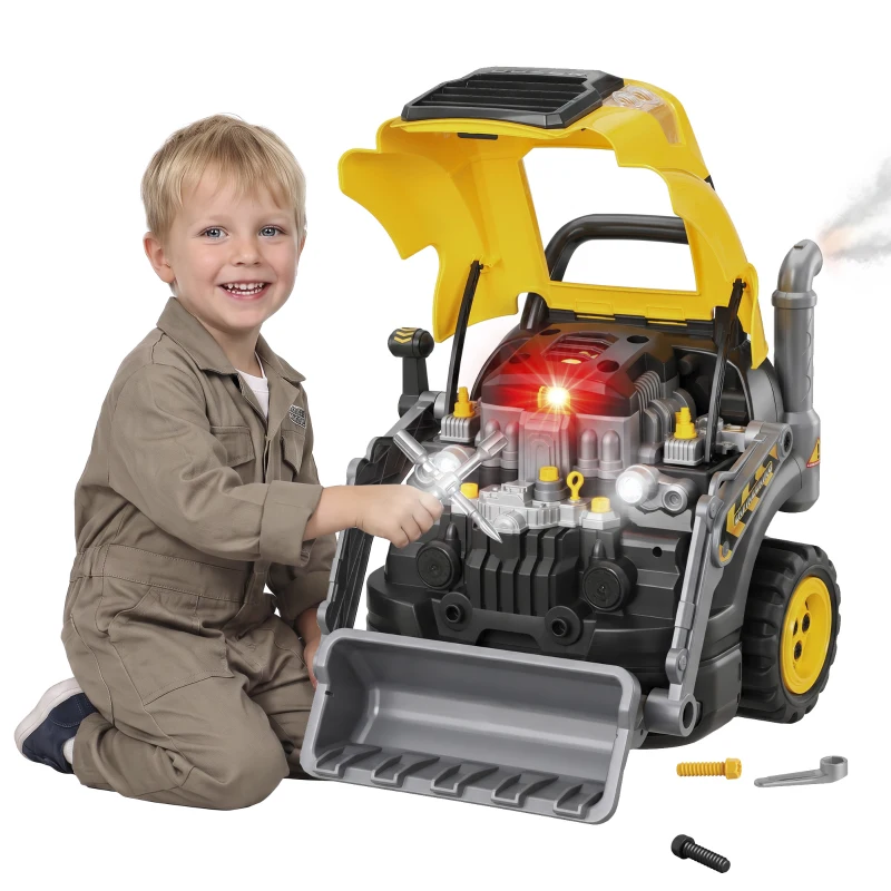 AIYAPLAY Jouet Moteur de Camion et Pelle pour Enfants, Camion Mécano, Volant, Effet de Brume, Sonores et Lumineux, 3-6 Ans, Jaune