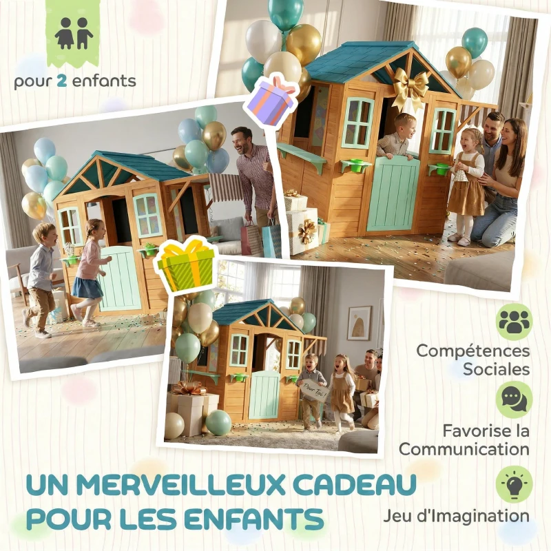 AIYAPLAY Cabane enfant extérieur en bois, maison enfant extérieure, porte-pots, tableau noir, jeu de lancer 4 balles, multicolore