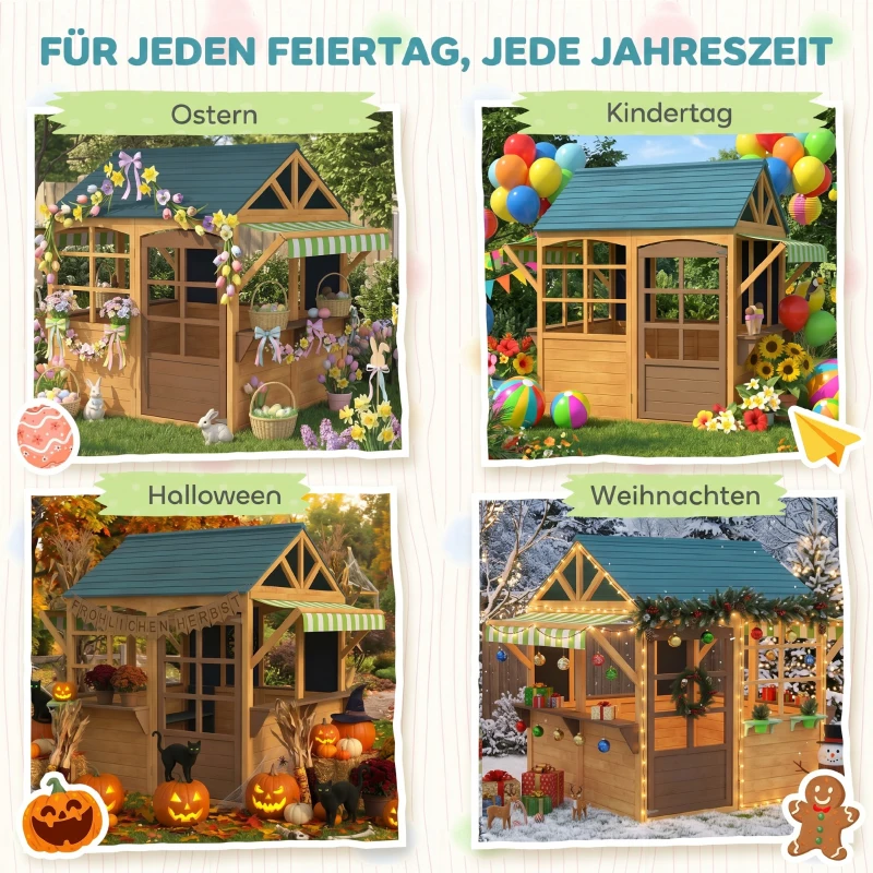 AIYAPLAY Kinderspielhaus aus Tannenholz, Faltbares Häuschen mit Fenstern, Tür, für Kinder im Alter von 3-8 Jahren, Braun+Blau