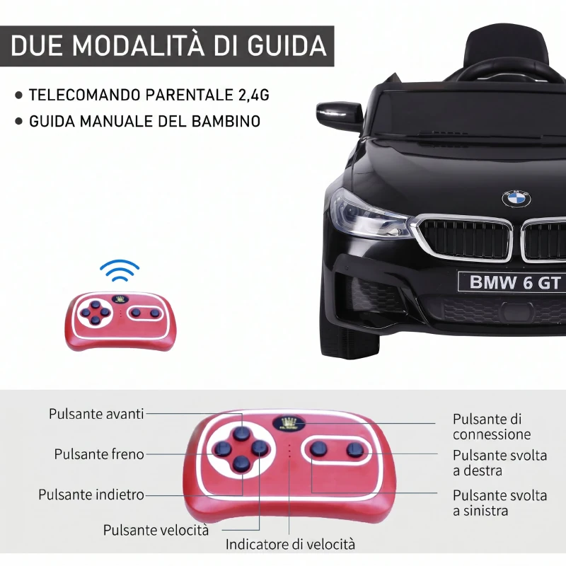 HOMCOM Macchina Elettrica per Bambini BMW 6GT 6V, Macchina Telecomandata con Musica e Fari LED, MP3, Clacson, 106 x 64 x 51 cm, Nero