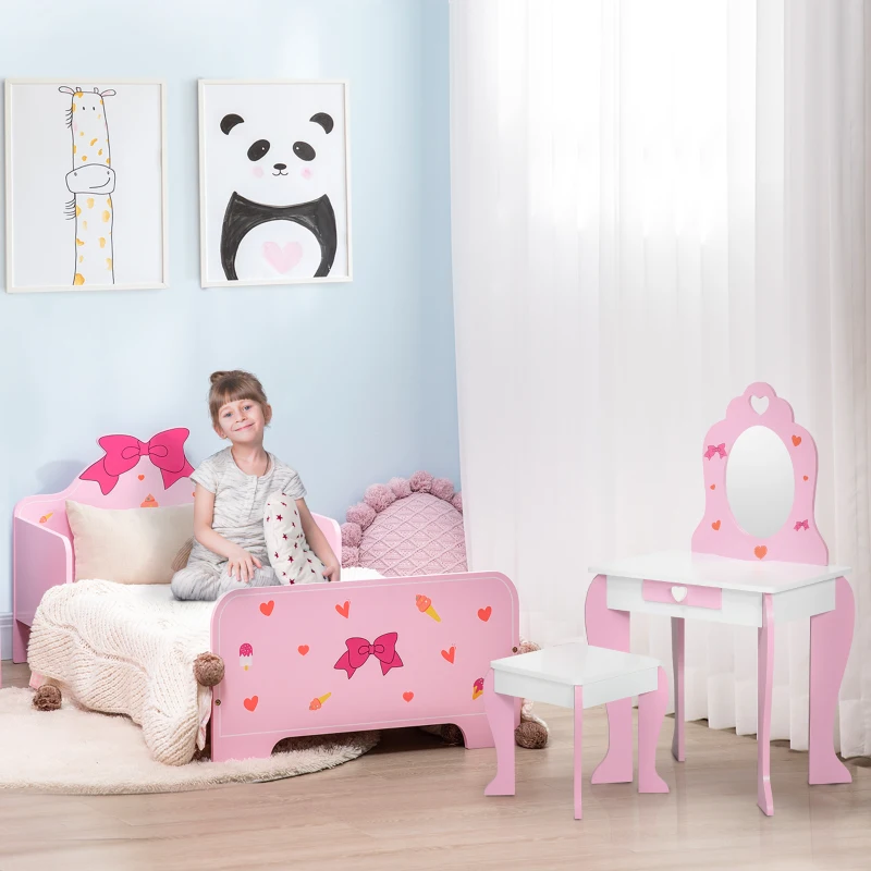 ZONEKIZ 3PCs Kids Bedroom Furniture Set with Bed, Dressing Table and Stool, Princess Themed, for 3-6 Years Old, Pink