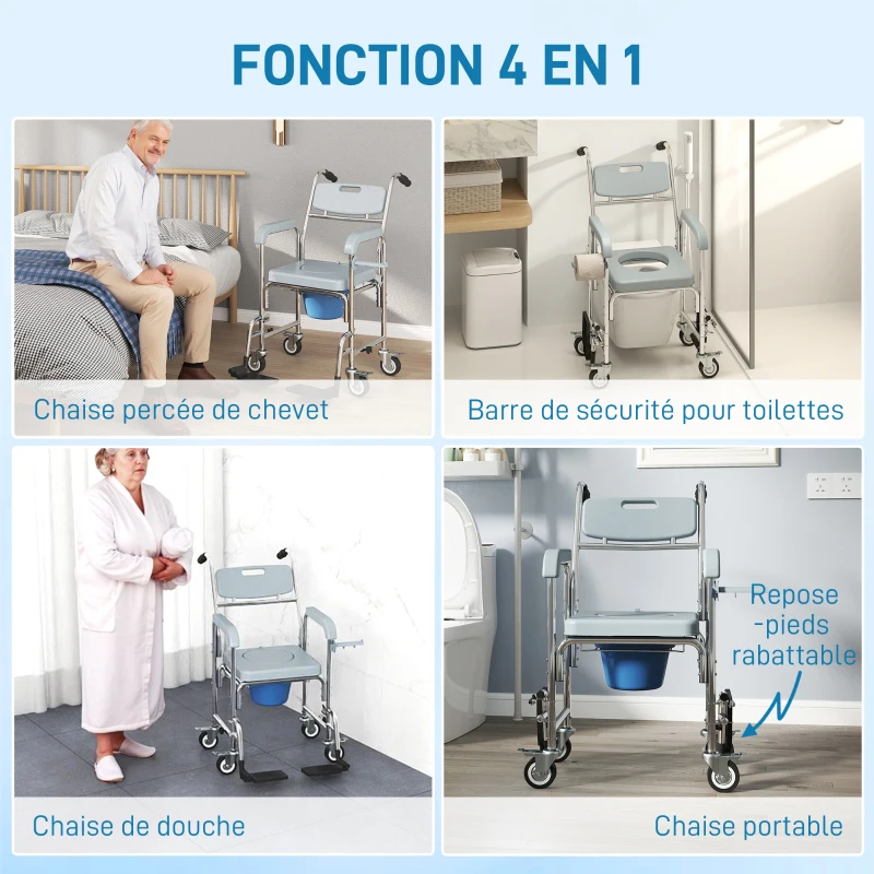 HOMCOM Chaise percée adulte à roulettes, chaise percée de douche avec repose-pieds, dossier et accoudoirs, 53x97x97cm, gris