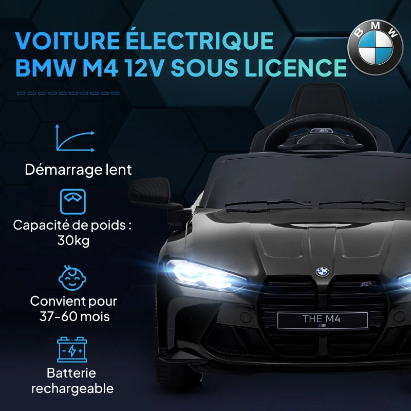 AIYAPLAY Voiture Électrique pour Enfants BMW M4 12V avec Télécommande 2,4G, Double Moteur, Klaxon, Lumières LED, Noir(m-4)