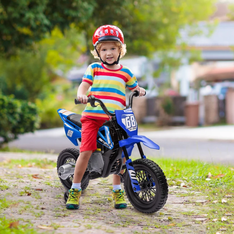 AIYAPLAY Moto Elettrica per Bambini con Rotelle Rimovibili, Sospensioni, Suoni e Indicatore di Carica, Blu