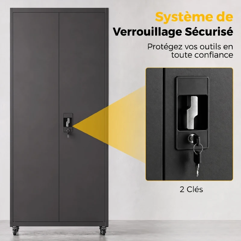 HOMCOM Armoire de Bureau Métallique, 80 x 40 x 180 cm, Meuble de Rangement sur Roulettes en Acier avec Serrure, Noir