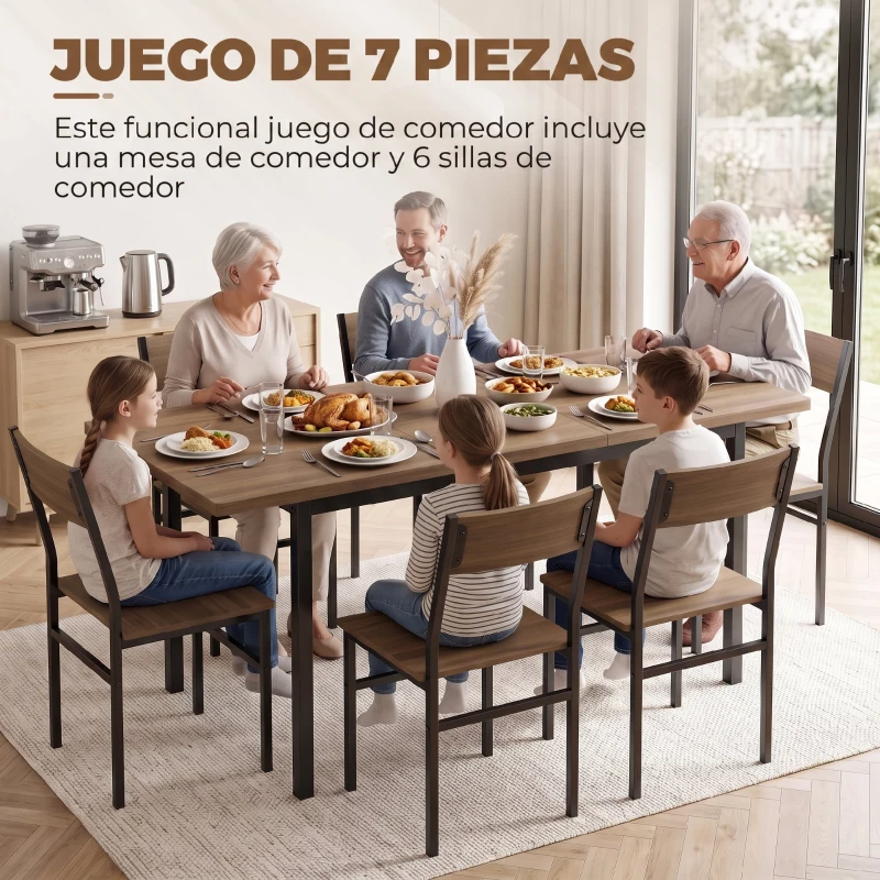 HOMCOM Conjunto Mesa de Comedor Extensible 120-160 cm y 6 Sillas Apilables para 4-6 Personas Marrón Efecto Madera
