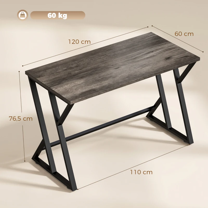 HOMCOM Schreibtisch Computertisch 120x60cm Bürotisch mit Z-förmigem Metallfuß, Holzoptik, Industriedesign für Büro, Grau