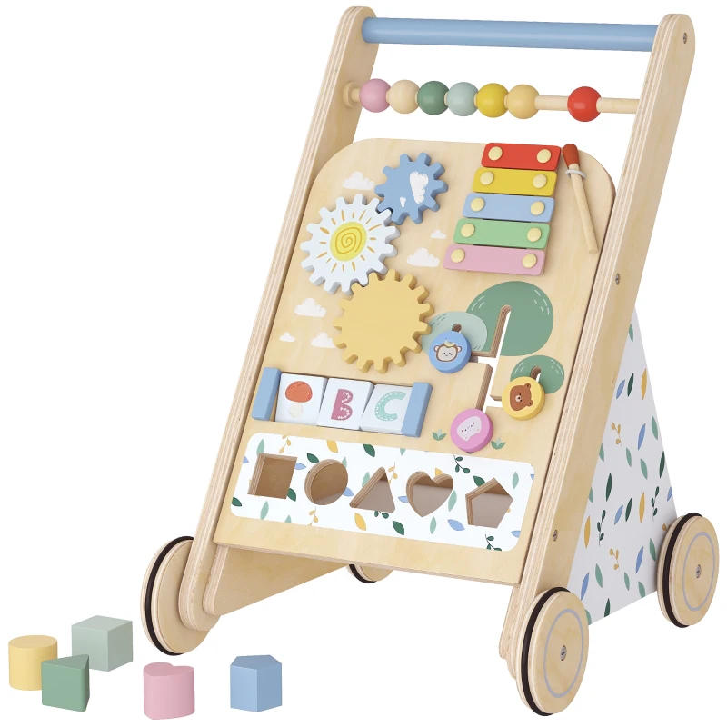 AIYAPLAY Trotteur Bebe en Bois, Chariot de Marche Bébé avec Centre d'Activités, Vitesse Réglable et 5 Blocs, dès 18 Mois, Naturel