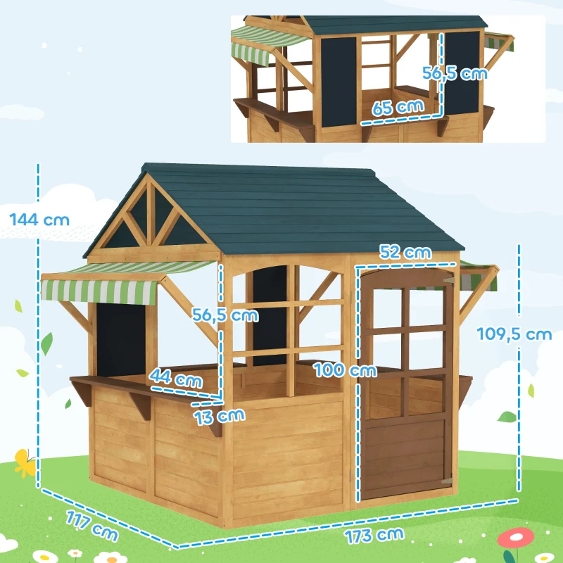 AIYAPLAY Casetta per Bambini 3-8 Anni con 5 Finestre e 2 Lavagne, in Legno di Abete, 173x117x144 cm, Marrone e Blu