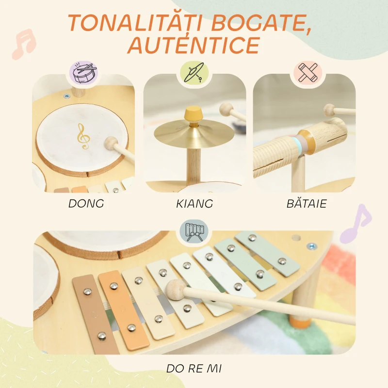 AIYAPLAY Set de Instrumente Muzicale pentru Copii de la 2+ Ani cu Tobe și Xilofon, Culoare Naturală