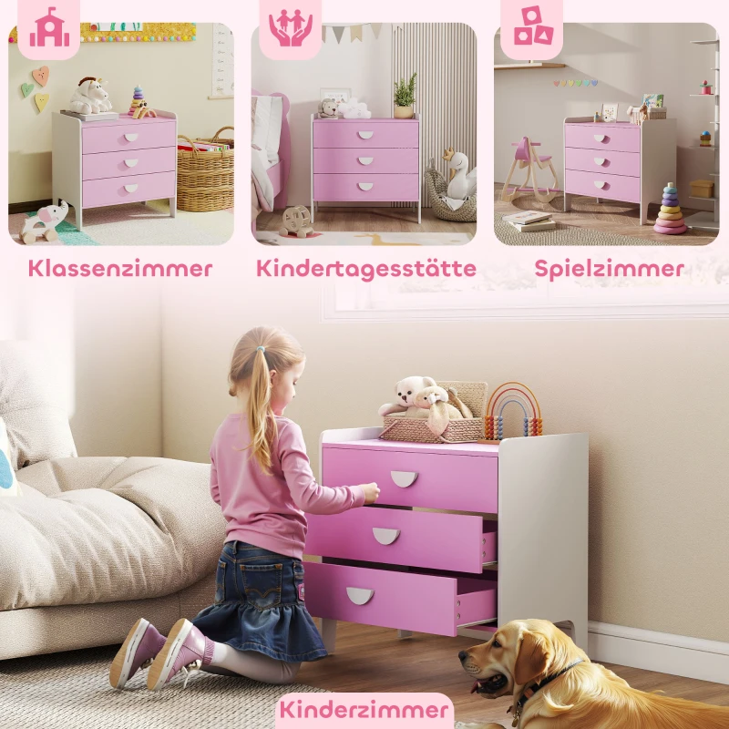 AIYAPLAY Kinder commode met 3 lades, MDF, opbergkast voor kinderen, Roze + Wit