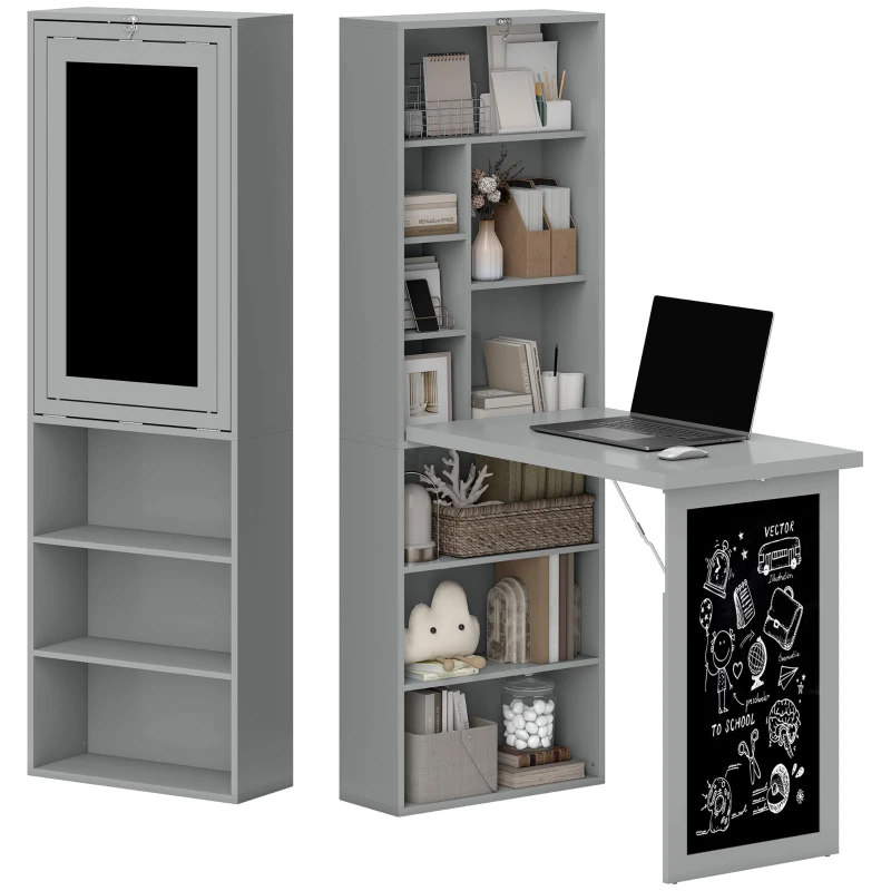 HOMCOM Escritorio con almacenaje plegable de pared abatible con estantería puesto de trabajo tablero de tiza y estante ajustable