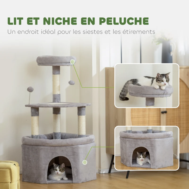 PawHut Arbre à chat tour de jeux pour chats griffoirs sisal, plate-forme, niche, tissu peluche, balles, 49x49x114cm gris clair