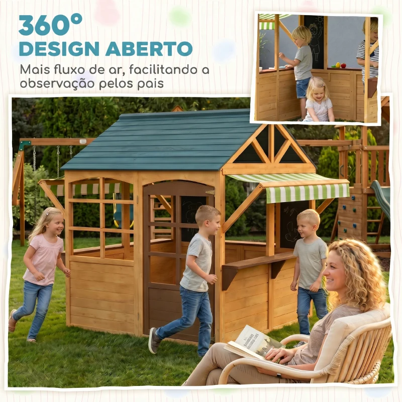 AIYAPLAY Casinha de Jogos Infantil de Madeira com Janelas Lousas Telhado e Toldo 173x117x144 cm Madeira Natural