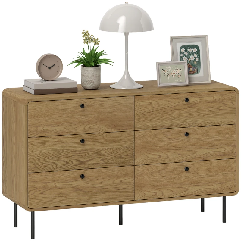 HOMCOM Commode 6 tiroirs meuble de rangement style moderne coins arrondis et pieds en acier 120 x 40 x 75cm effet bois de chêne