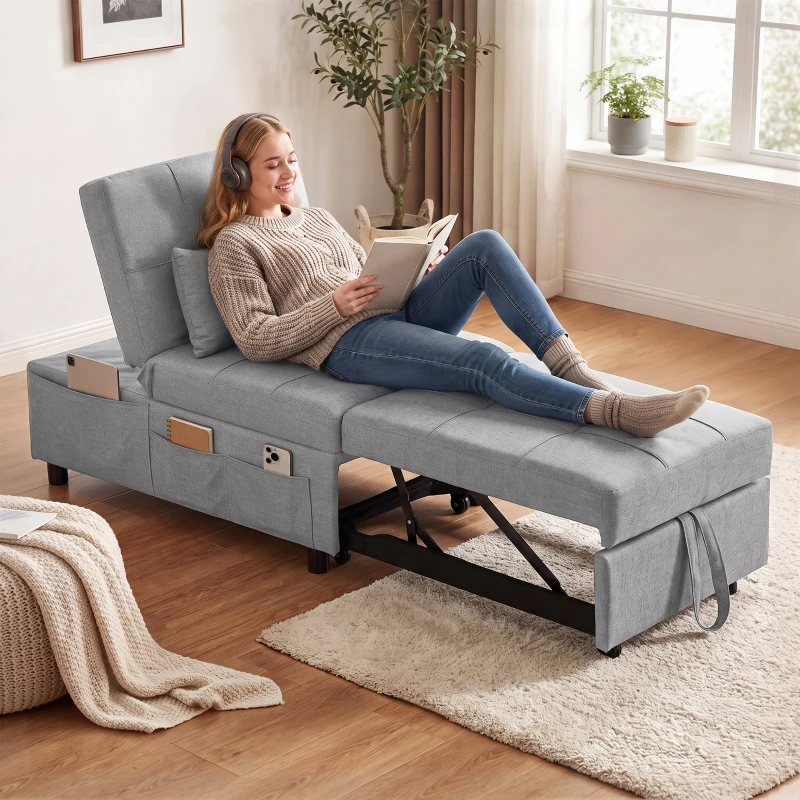 HOMCOM 3-in-1 opklapbare slaapstoel met zijvak, logeerbed met kussen, verstelbare rugleuning en wielen, lichtgrijs