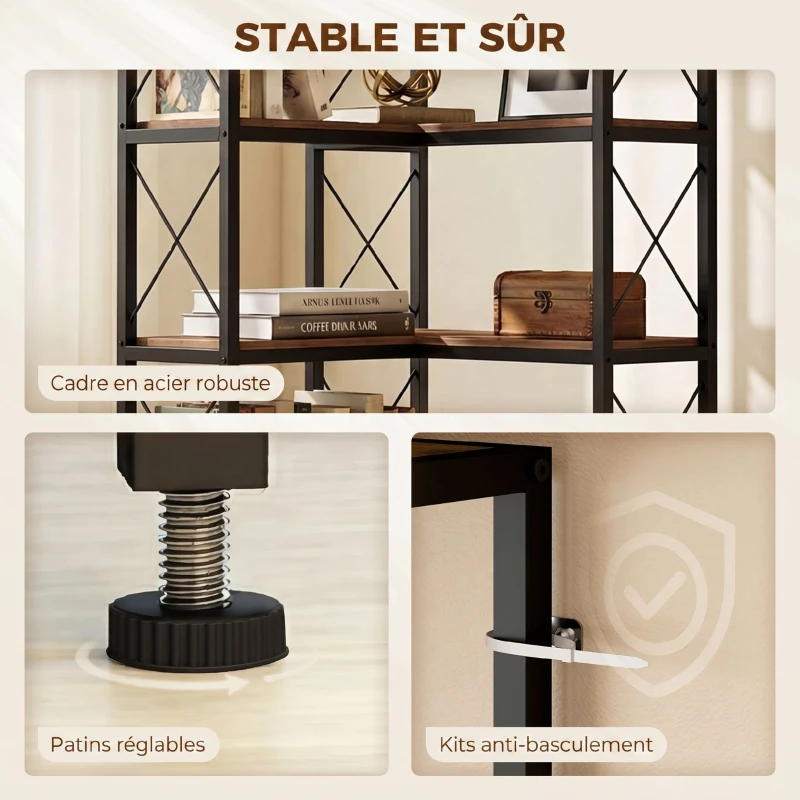 HOMCOM Bibliothèque d'angle à 6 niveaux, meuble de rangement en métal pour salon, chambre, bureau, 60x60x200cm, brun rustique