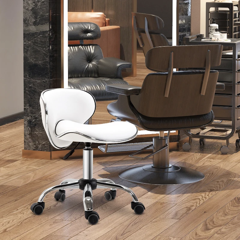 HOMCOM Tabouret à roulettes tabouret de travail avec hauteur réglable 44-56 cm et dossier, pivotant 360°, blanc