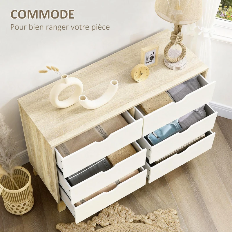 HOMCOM Commode 6 tiroirs style scandinave, meuble de rangement - dim. 120l x 40P x 76H cm, chêne et beige