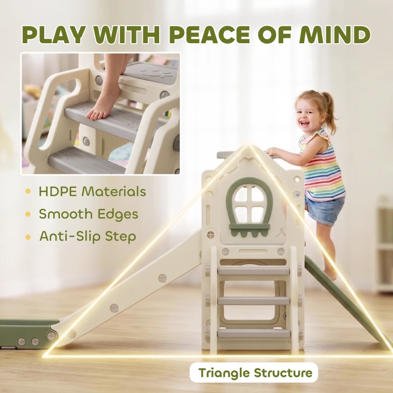 AIYAPLAY Foldable 5 in 1 Toddler Slide with Ladder, Climbing Wall, Basketball Hoop, Storage and Basketball for 1-3 Years, Cream