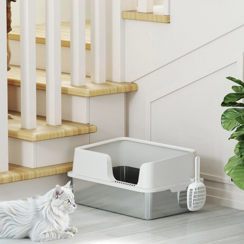 PawHut Caixa de Areia XL em Aço Inoxidável para Gatos Grandes com Borda Alta e Pá, Cinzento-claro