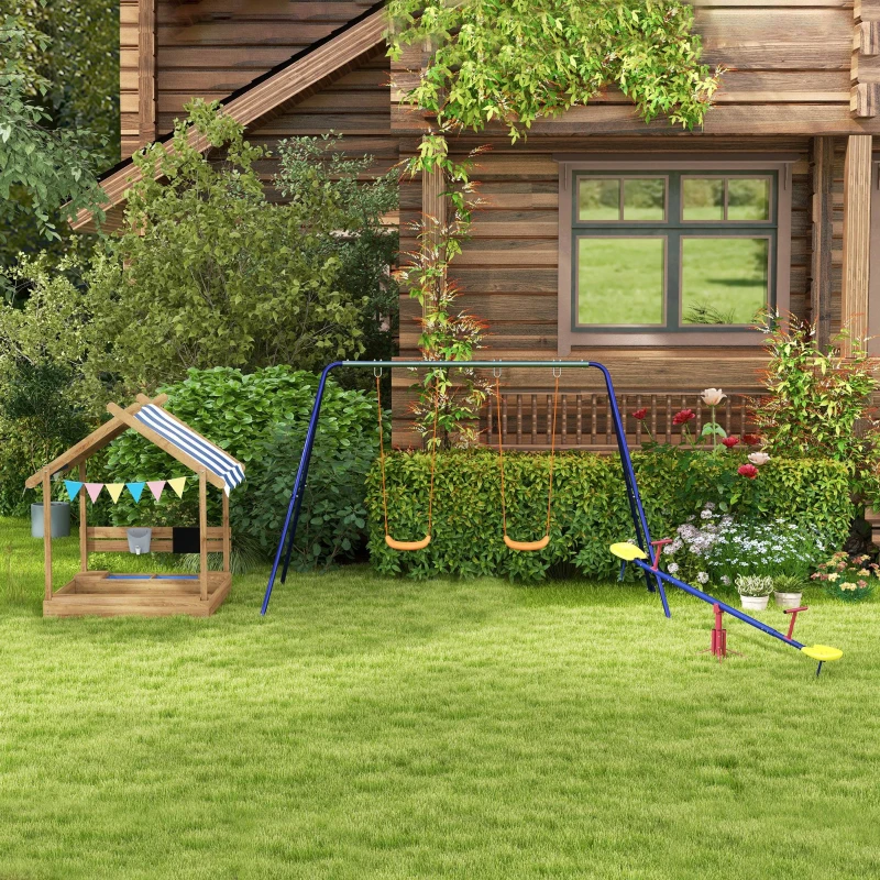 Outsunny Zandbak met dak, speelhuisontwerp, met speelgoedset, grenenhout, 124x116x146cm, Bruin