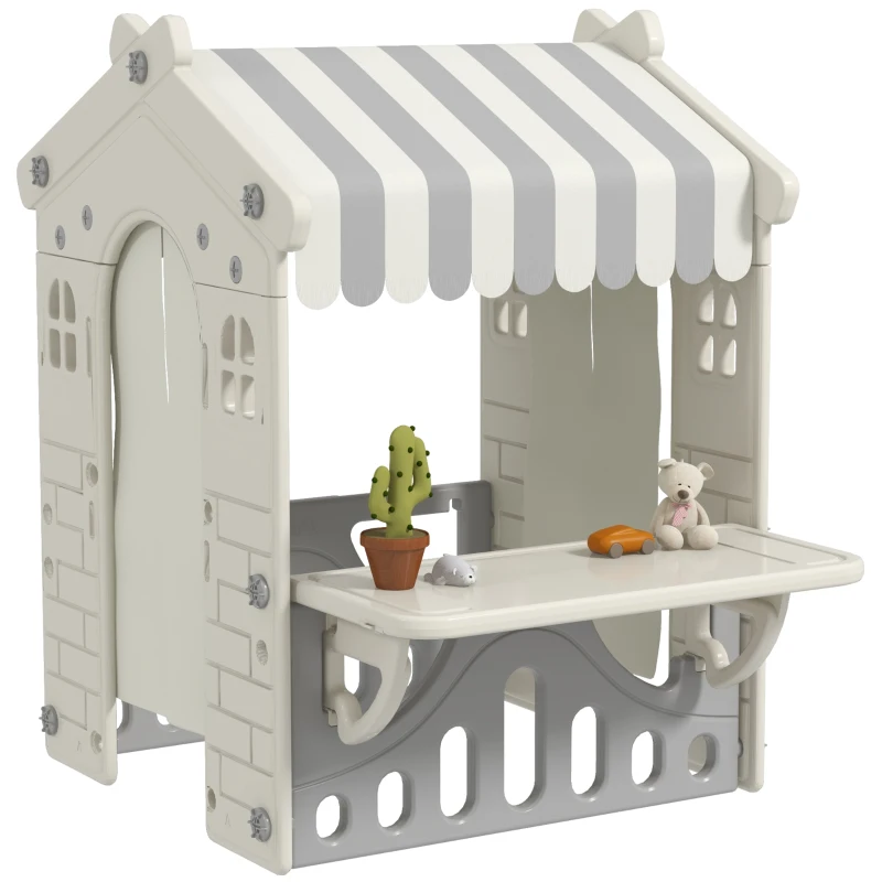 AIYAPLAY Kinder-Spielhaus mit dekorierten Fenstern, gewölbten Türen, Servierstation, 108x80x111 cm, Creme