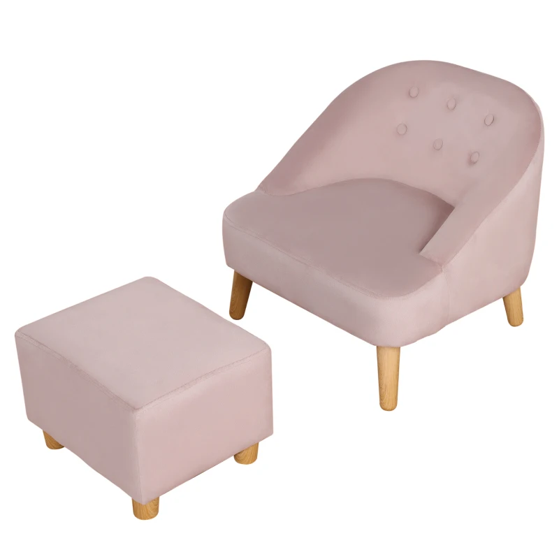 HOMCOM Kindersessel mit Ottomane für Kinder von 3 bis 5 Jahren Niedliches Design Samtoptik 51 cm x 51 cm x 50 cm Rosa