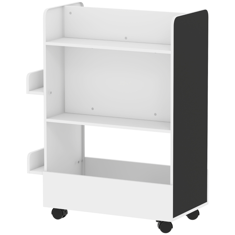 AIYAPLAY Kinderboekenrek met 4 planken, bodemvak, 2 zijvakken, krijtbord, wielen, voor 3–8 jaar, 66,5x32,5x86,5 cm Wit
