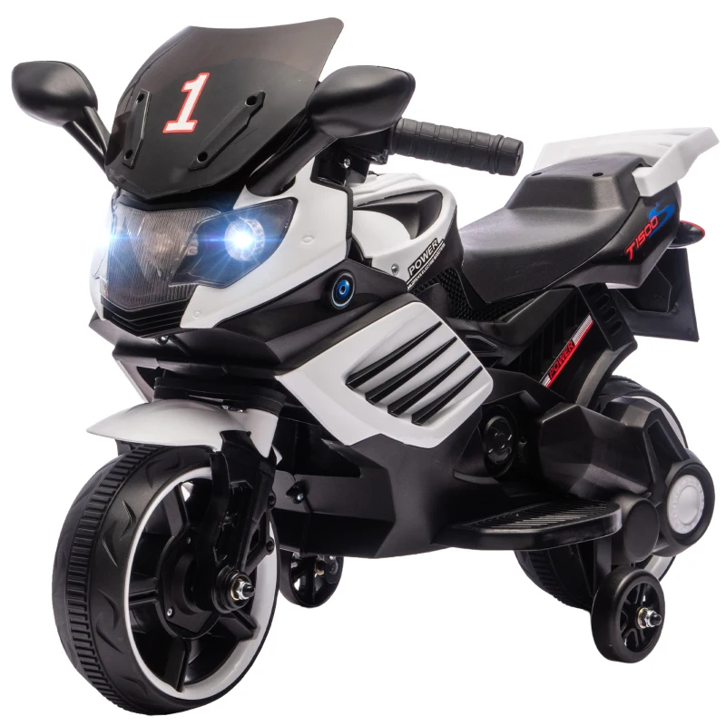 AIYAPLAY Motocicletă electrică pentru copii 6V cu roți ajutătoare detașabile, faruri și muzică, vârsta 18-36 luni, alb