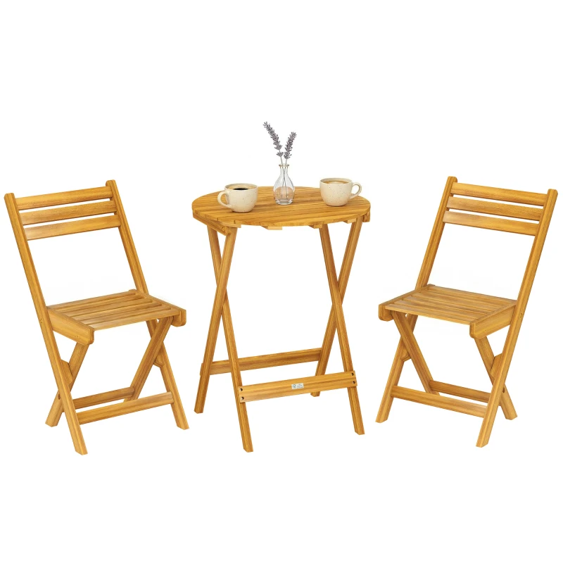 Outsunny Ensemble de Bistrot 3 Pièces Pliable en Bois d'Acacia avec Table Ronde et 2 Chaises, san Montage, 60x60x75cm, Naturel