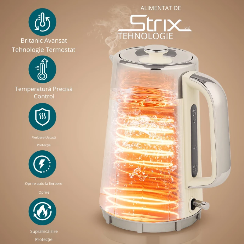 HOMCOM Fierbător 1,7 L 2200 W cu funcție de fierbere rapidă, filtru anticalcar și prăjitor cu 4 fante și 7 trepte de rumenire, alb-crem