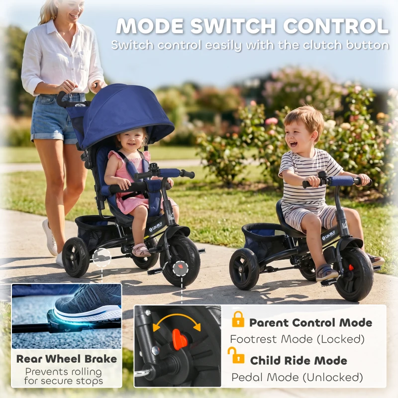 HOMCOM 6 in 1 Kids Trike with Parent Handle, Canopy, 5-point Seat Belt, Storage, Footrest, Brake, for 1-5 Years, Dark Blue