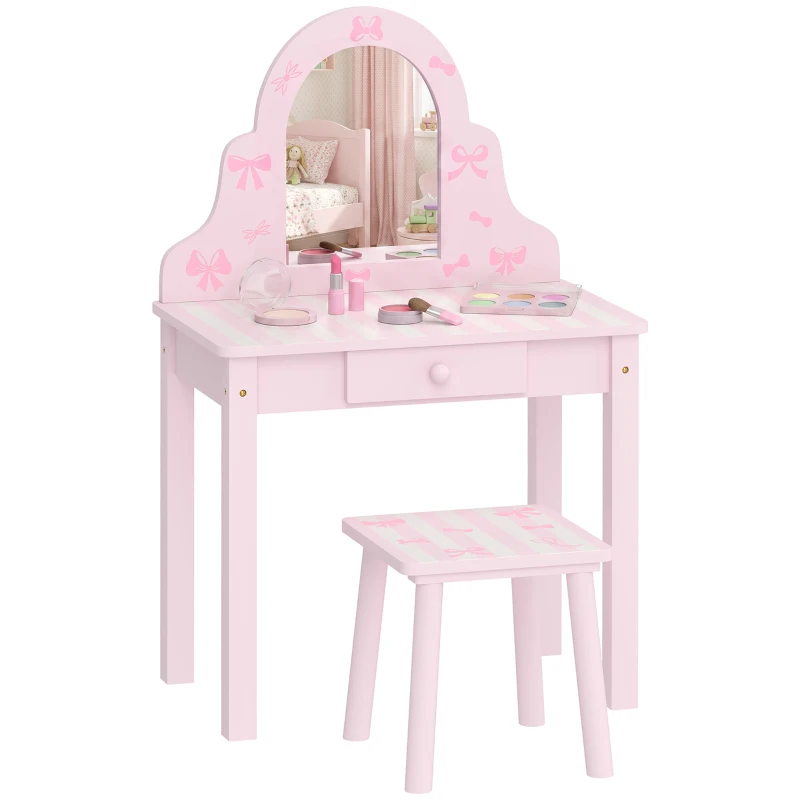 AIYAPLAY Kinder Schminktisch Set 2 in 1 Frisiertisch Schreibtisch mit Hocker abnehmbarem Spiegel Schublade für Mädchen 3-6 Rosa