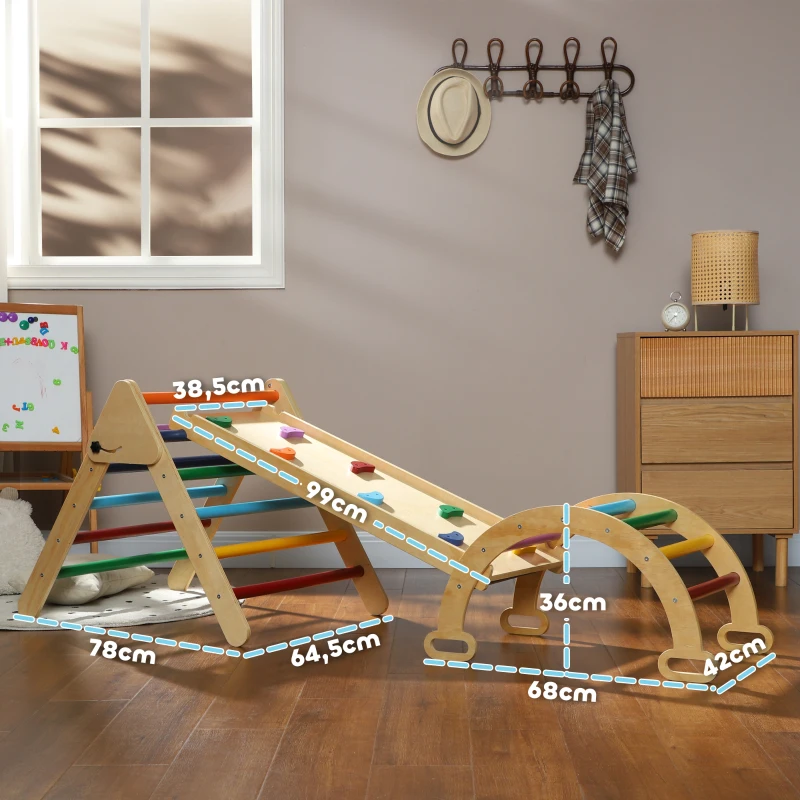 AIYAPLAY Gioco Arrampicata Bambini con Triangolo e Arco Montessori e Rampa con Pietre in Legno di Pino, 178x64.5x63 cm
