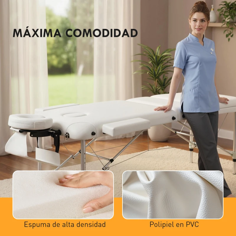 HOMCOM Camilla Masaje Plegable de Aluminio con Altura Ajustable 3 Zonas Reposacabezas Reposabrazos Blanco