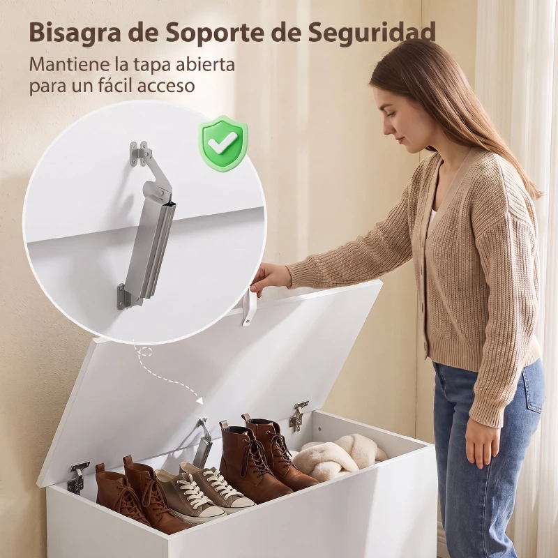 HOMCOM Baúl de Almacenaje 102L con Bisagra de Seguridad Estilo Moderno para Pasillo Dormitorio Salón 80x40x45 cm Blanco