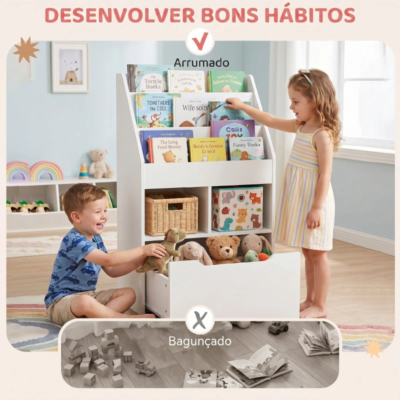 HOMCOM Estante de Madeira para Brinquedos com 3 Compartimentos 2 Cubos e Gaveta Móvel com 4 Rodas Estante para Livros Infantil para Dormitório Infantil Sala de Jogos 60x29,9x90cm Branco