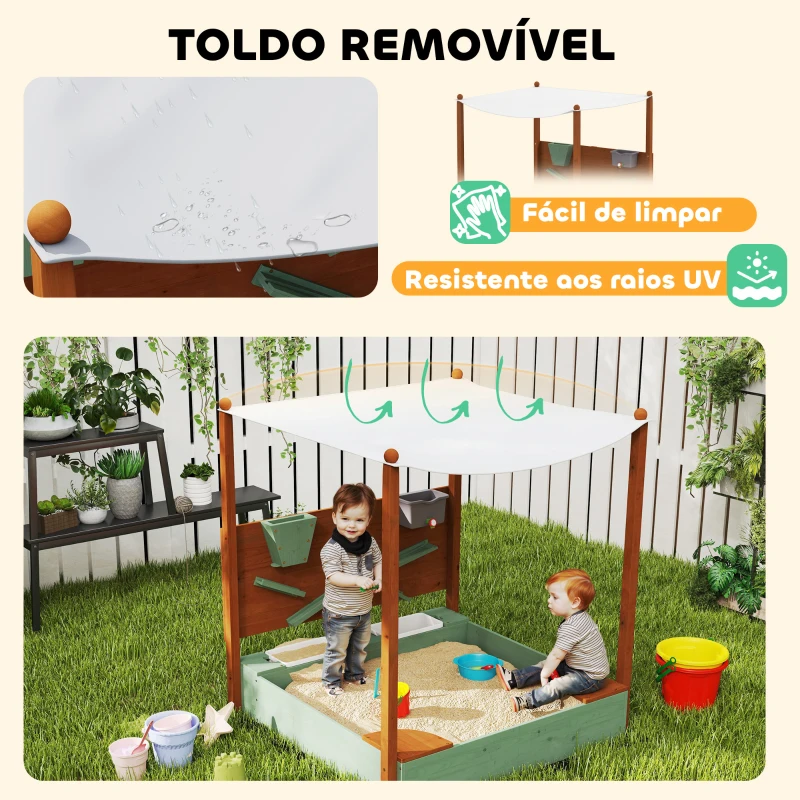 AIYAPLAY Caixa de Areia para Crianças de Madeira com Teto 2 Assentos 2 Caixas Torneira Funil 116x112,5x128 cm Verde