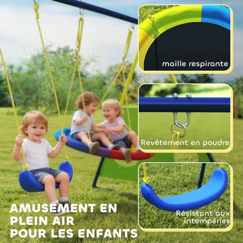 AIYAPLAY Balançoire Portique Enfants 4-en-1, avec Balançoire Nid, Panier de Basket et Cage de Football, Aire de Jeux, Multicolore