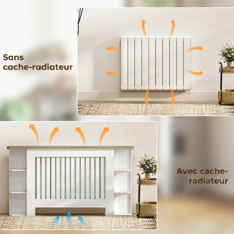 HOMCOM Cache-radiateur avec étagères de rangement ouvertes, couvercle de radiateur en bois à lattes, 152x19x83cm, blanc