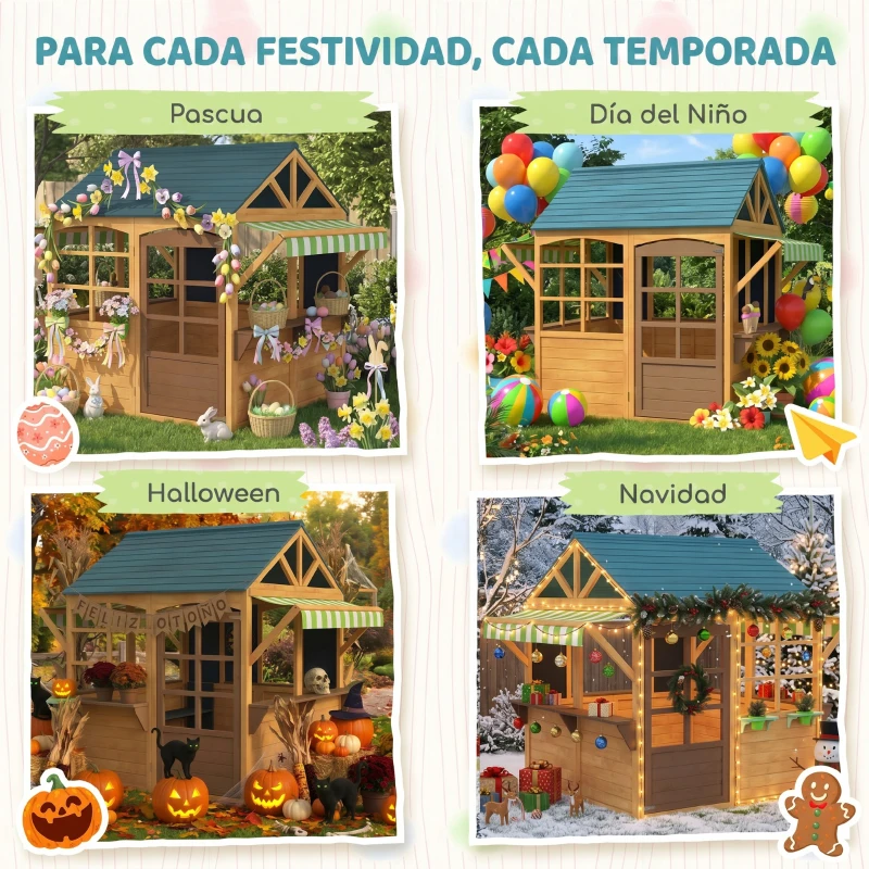 AIYAPLAY Casita de Juegos Infantil de Madera con Ventanas Pizarras Tejado y Toldo 173x117x144 cm Madera Natural