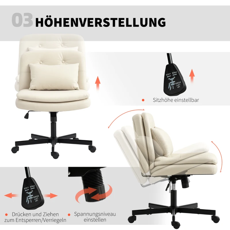 HOMCOM Armloze bureaustoel van kunstleer met wielen, bureaustoel met extra kussen, in hoogte verstelbaar, verrijdbaar, beige(m-8)