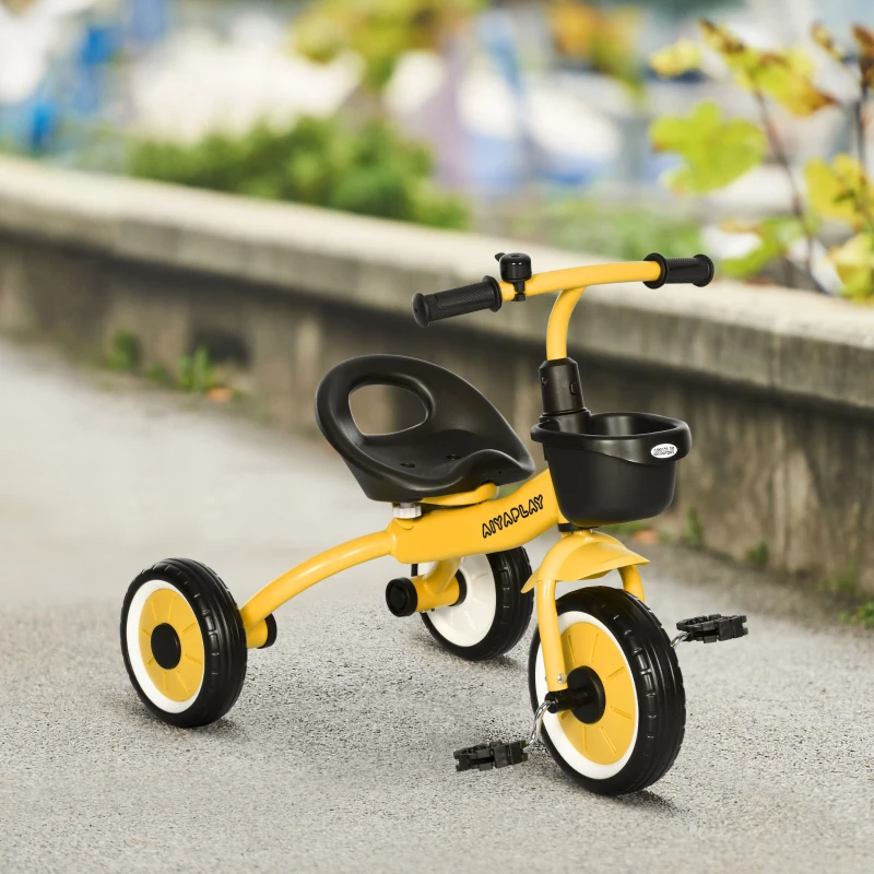 AIYAPLAY Triciclo per Bambini da 2-5 Anni con Seduta Regolabile e Campanello, 70.5x50x58cm, Giallo