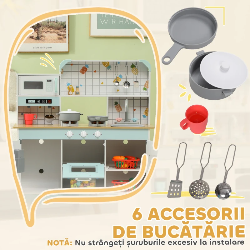 AIYAPLAY Bucătărie de Jucărie pentru Copii 3+ Ani din Lemn, Aragaz Interactiv, Cuptor și Mașină de Cafea, Alb