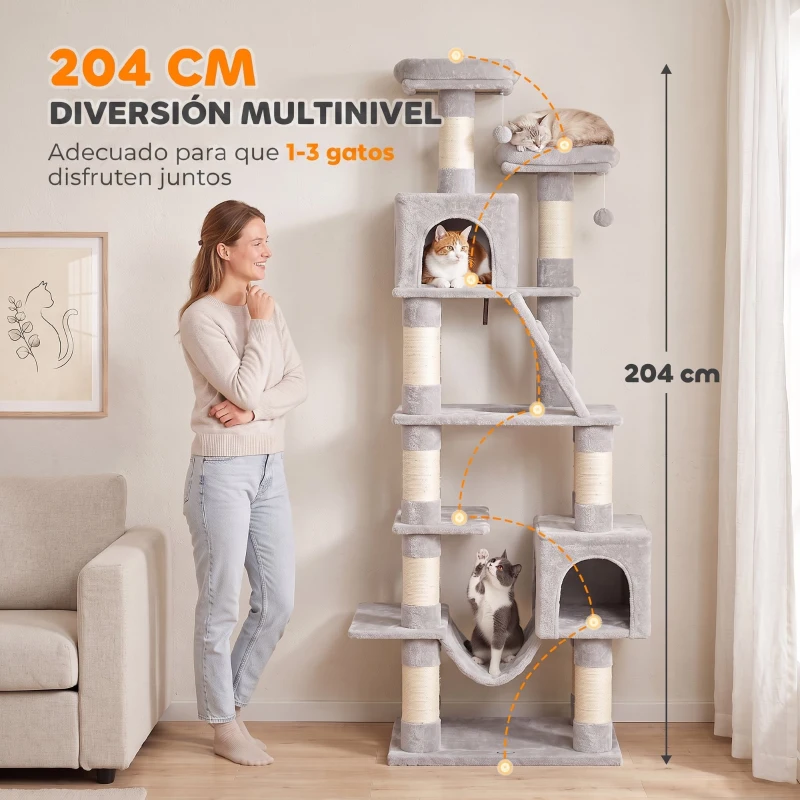 PawHut Árbol Rascador para Gatos 204 cm Multinivel con 2 Cuevas Hamaca 2 Camas Postes de Sisal Escalera y 2 Bolas Gris Claro